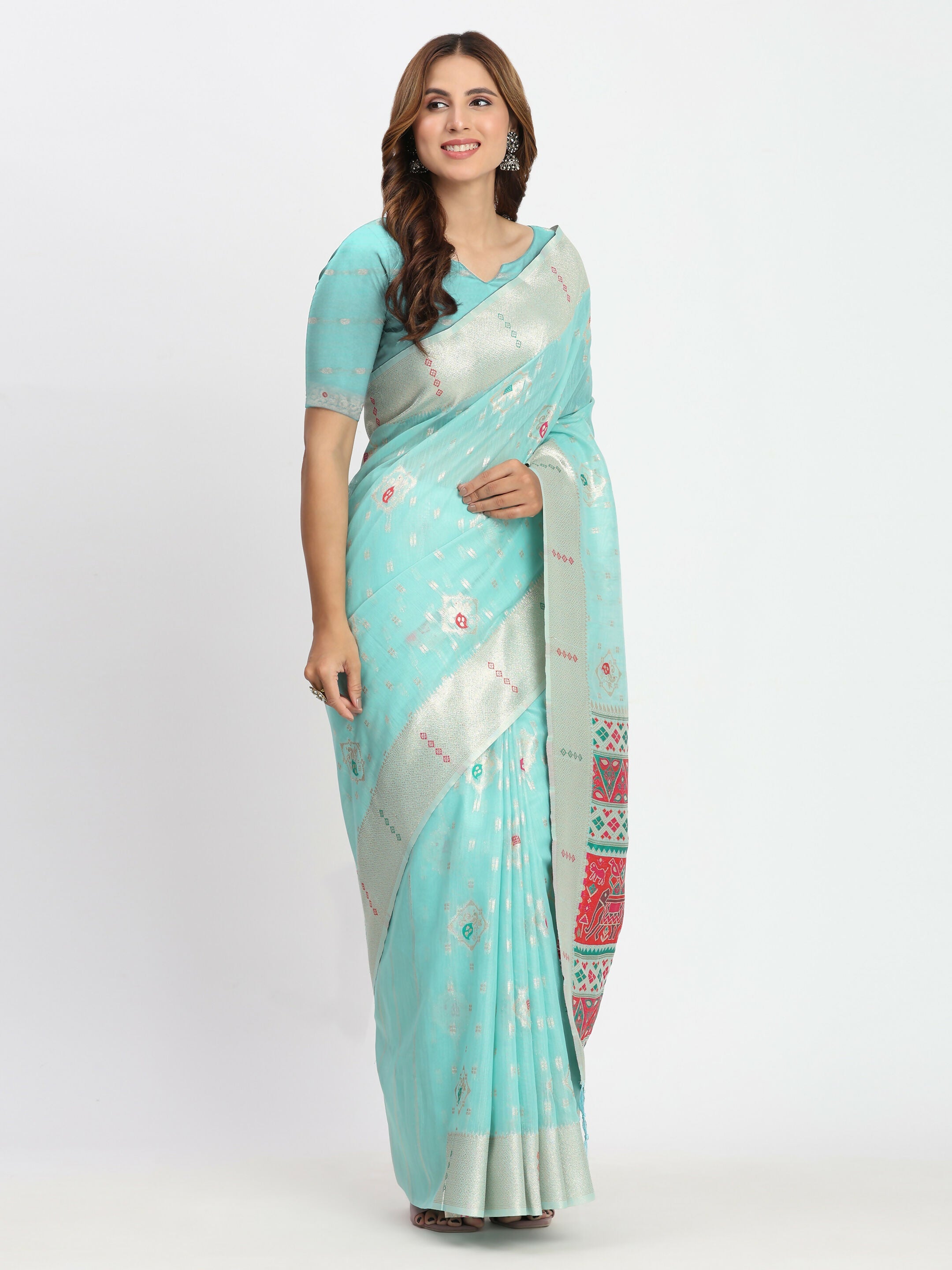 Sea Green Linen Cotton Saree with Matching Blouse Piece