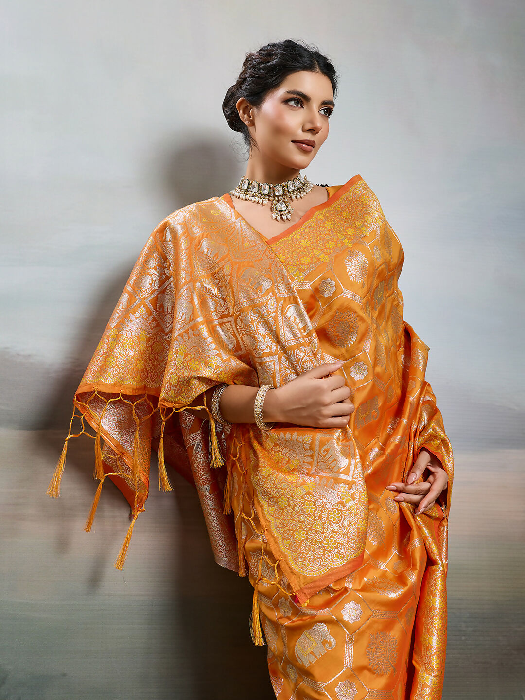 Orange Silk Blend Saree with Matching Blouse Piece
