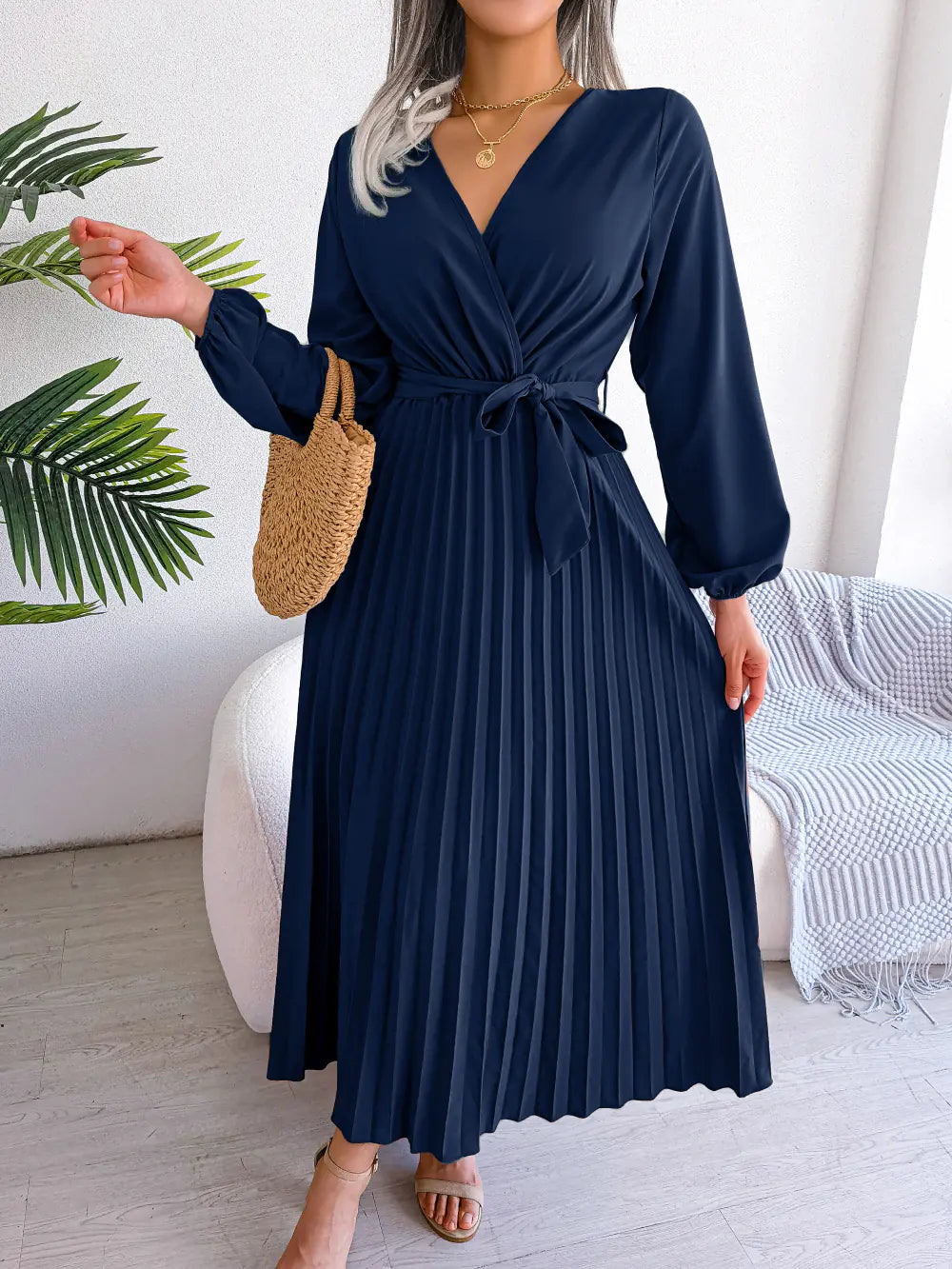 Women's V-Neck Long Sleeve Pleated Maxi Dress with Tie Waist - Image 23