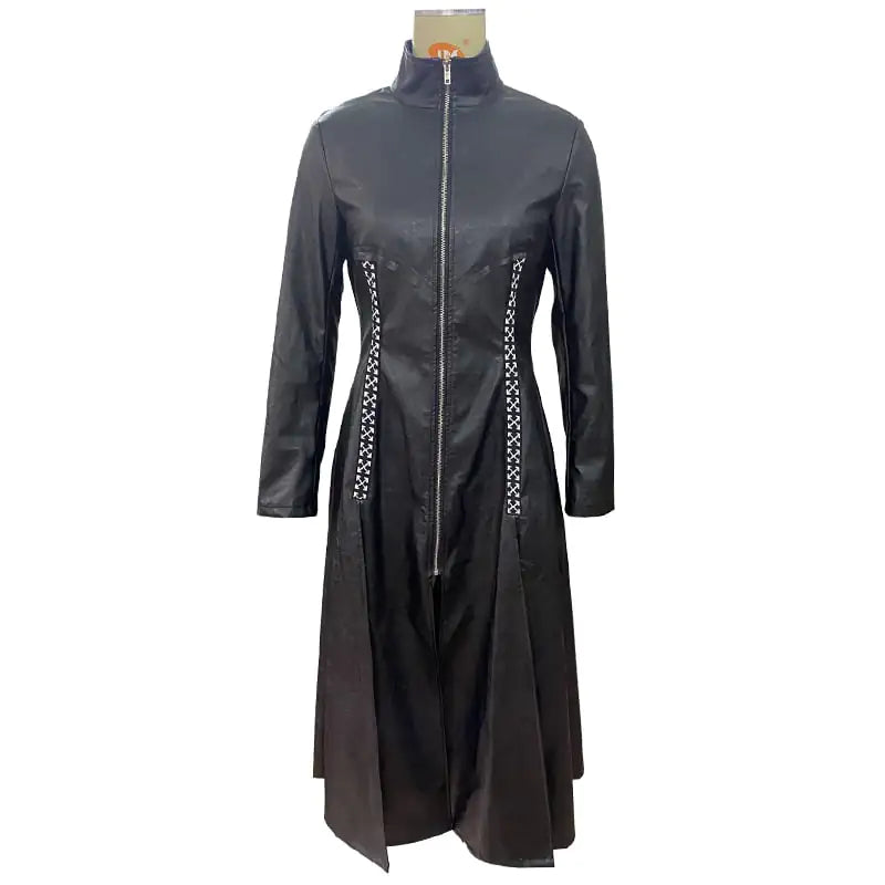 Women's Long PU Leather Jacket with Stand Collar