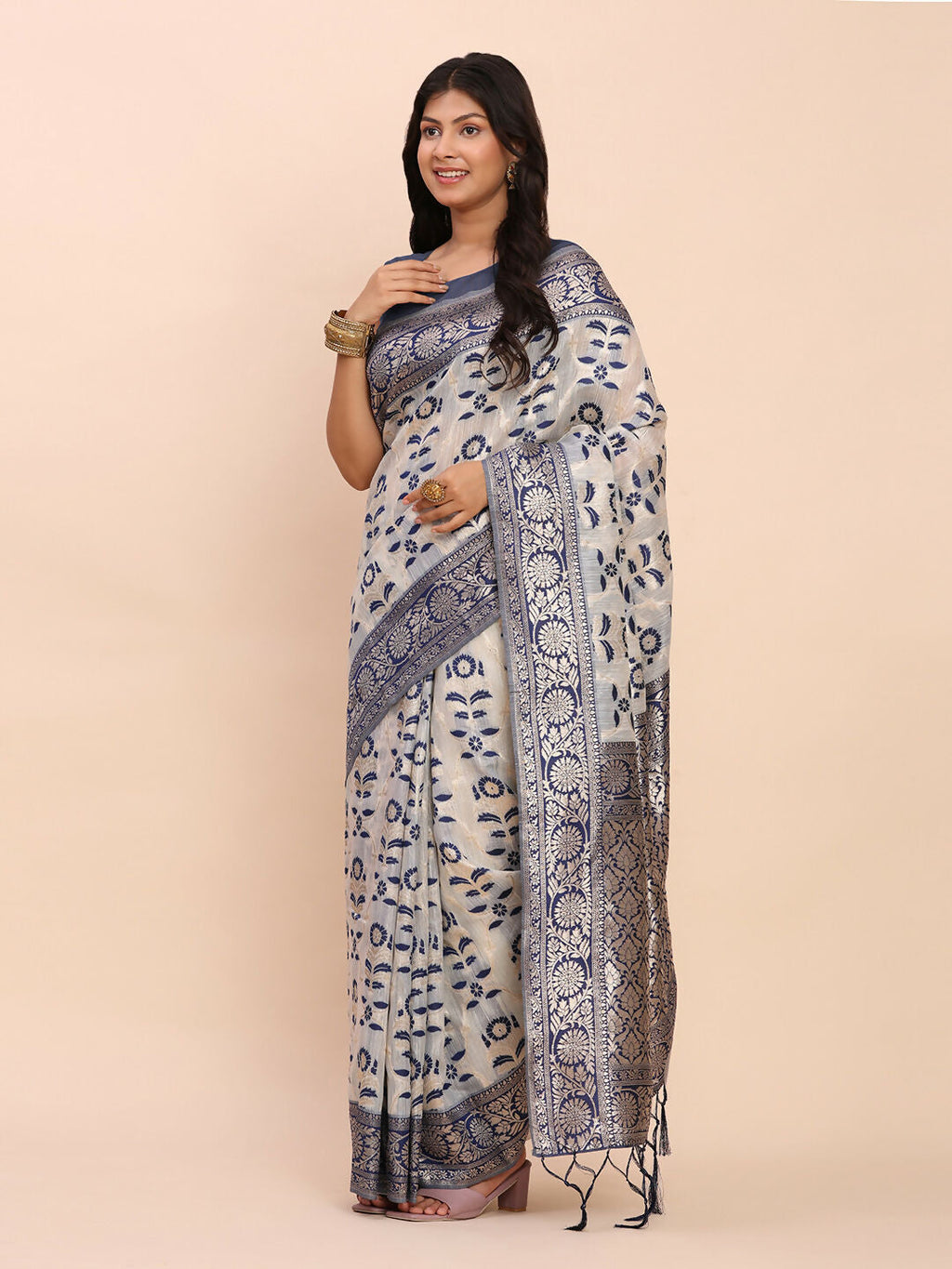 Elegant Navy Blue Linen Cotton saree featuring a high-quality fabric texture and matching blouse piece.