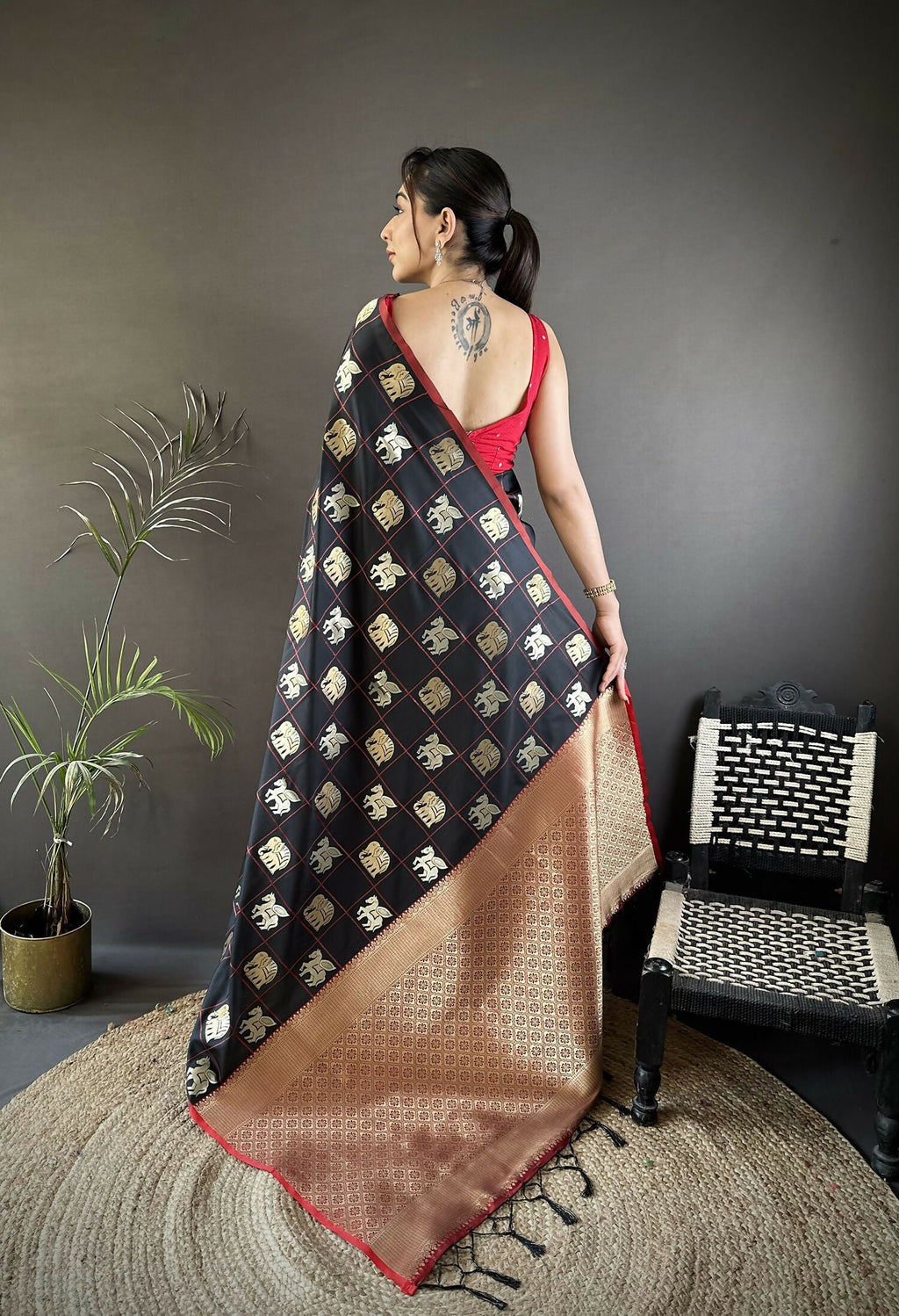 Black Elephant Motif Soft Silk Banarasi Saree with Pink Blouse