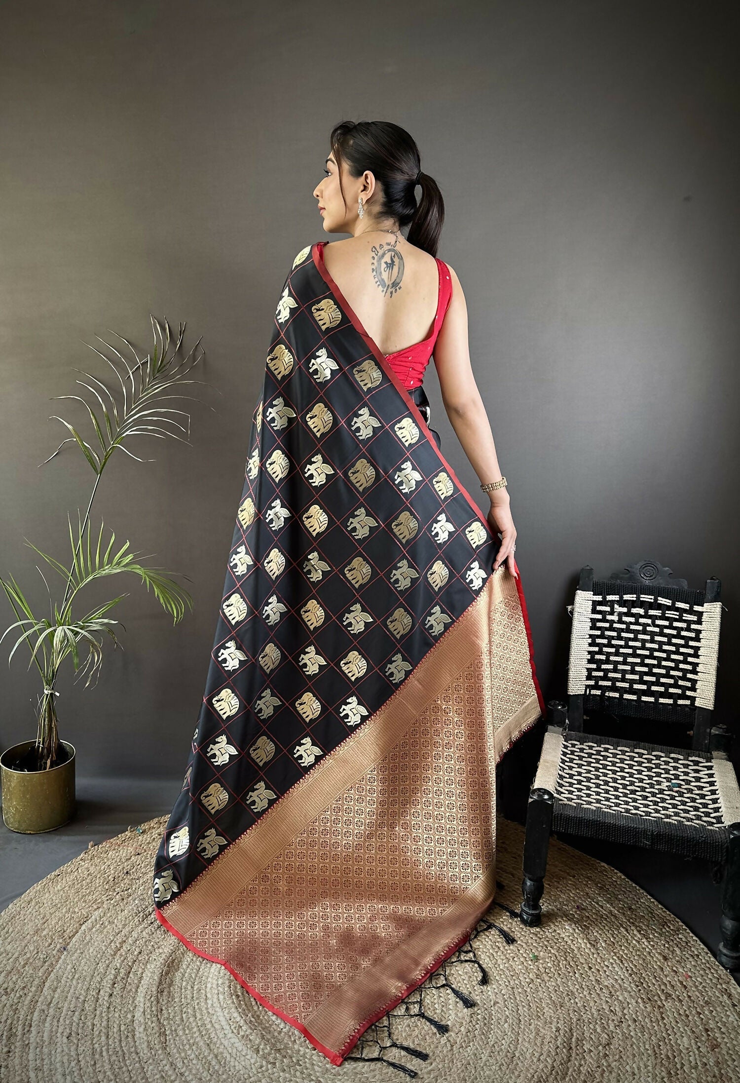 Black Elephant Motif Soft Silk Banarasi Saree with Pink Blouse