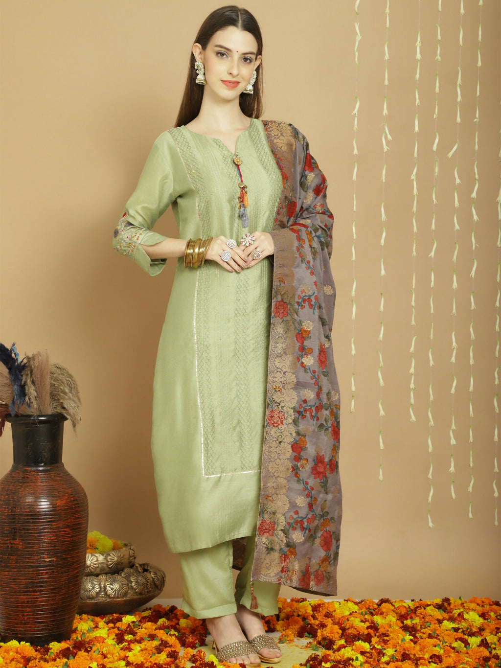 Women's Green Chanderi Silk A-Line Kurta with Trousers & Dupatta