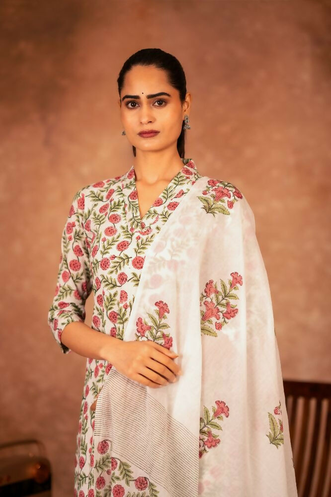 Red Green Hand Block Printed Cotton Suit Set