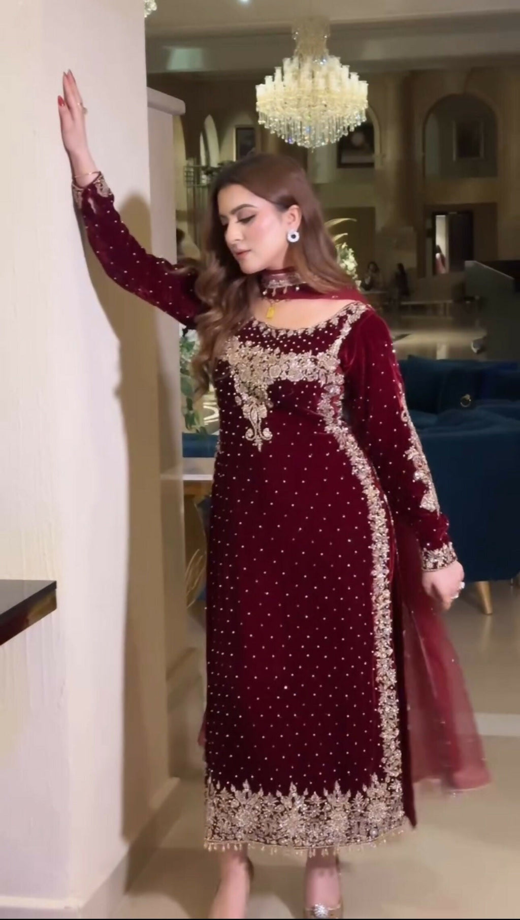 Joban Fashion Wine Velvet Sequence Embroidery Work Kurta Set