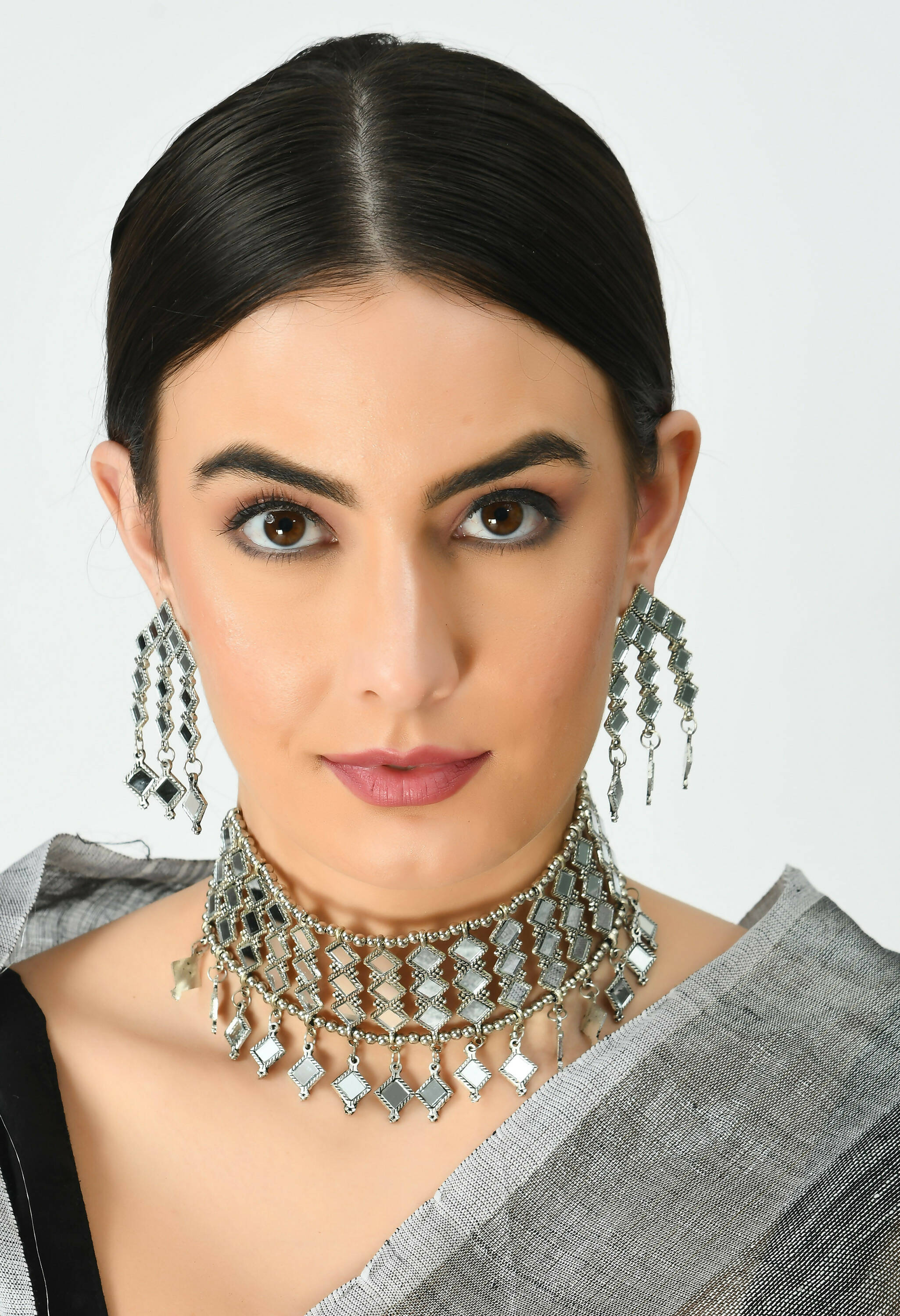 Oxidised Silver-Plated Alloy Mirror Choker Necklace