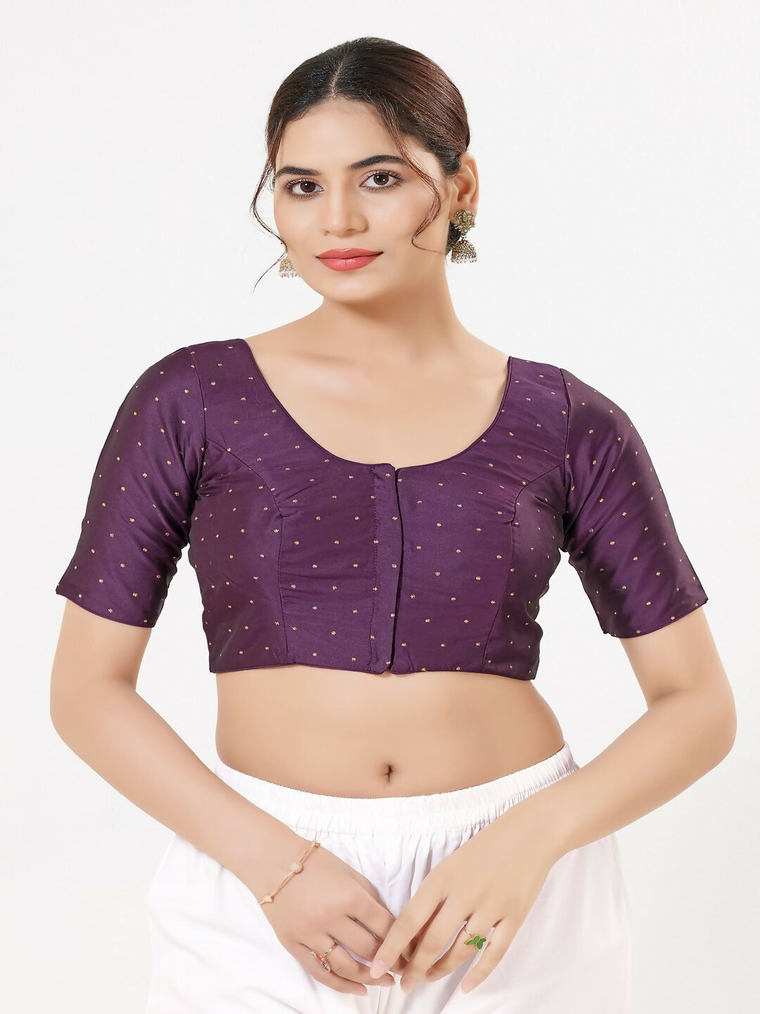 Joban Fashion Wine Taffeta Silk Elbow Sleeveless Front Open Blouse