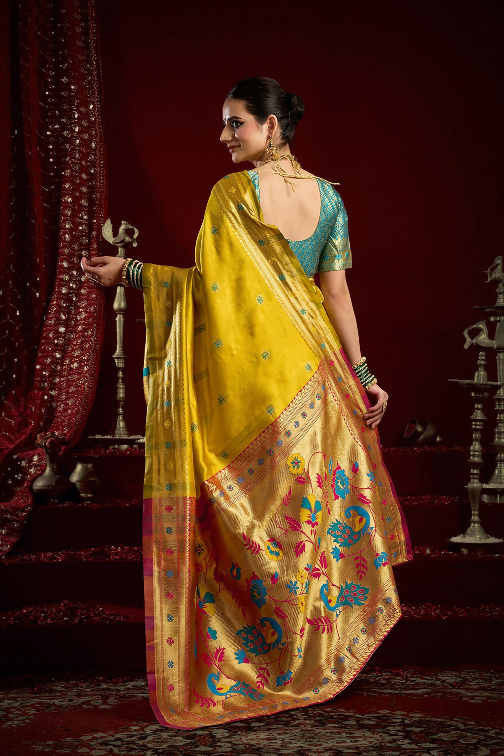 Yellow Paithani Silk Blend Butti Saree with Matching Blouse