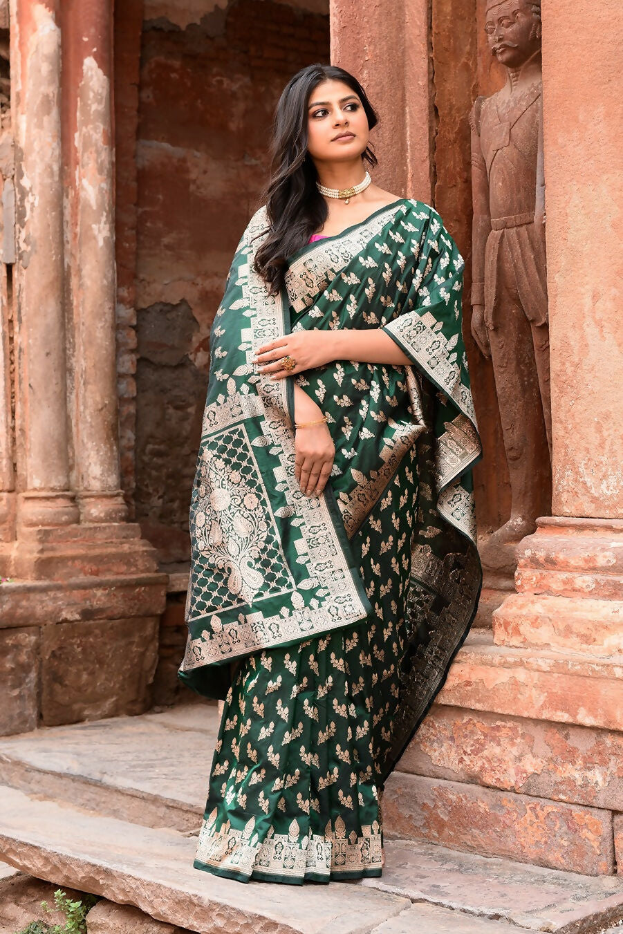 Emerald Green Banarasi Katan Pure Handloom Silk Saree