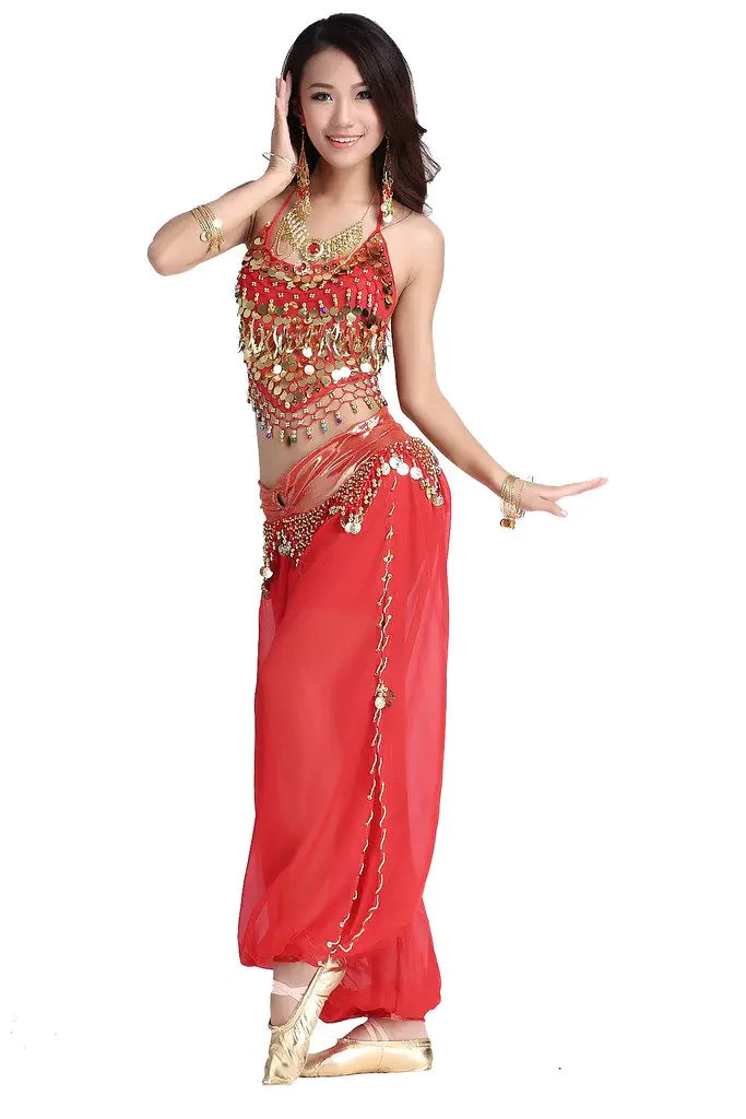 ZLTdream Ladys Belly Dance Chiffon Banadge Top and Lantern Coins Pants Red One Size