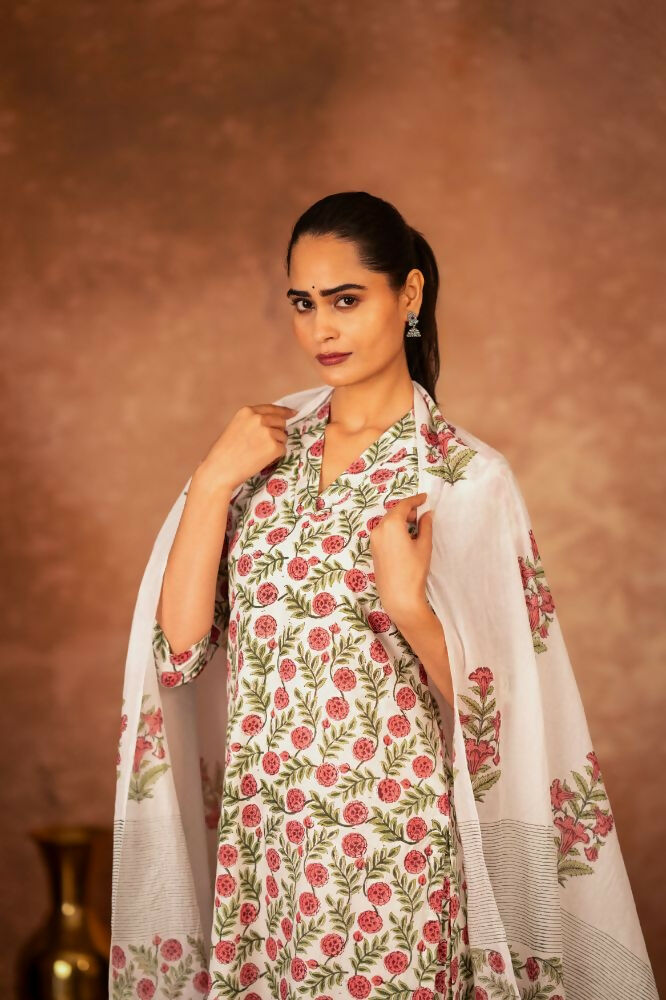 Red Green Hand Block Printed Cotton Suit Set