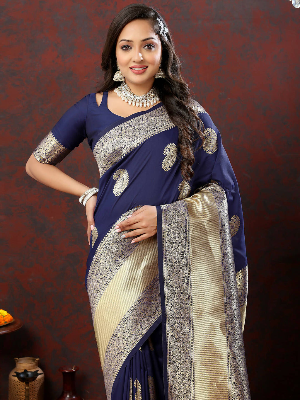 Navy Blue Soft Silk Saree with Gold Zari Weaving