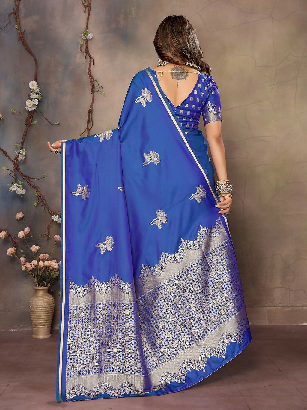 Blue Floral Motif Banarasi Silk Saree with Blouse Piece