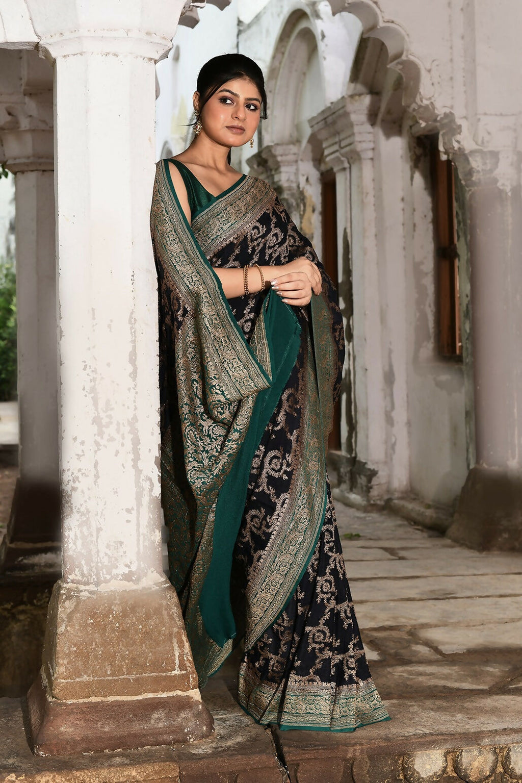 Navy Blue Crepe Chiffon Handloom Banarasi Silk Saree