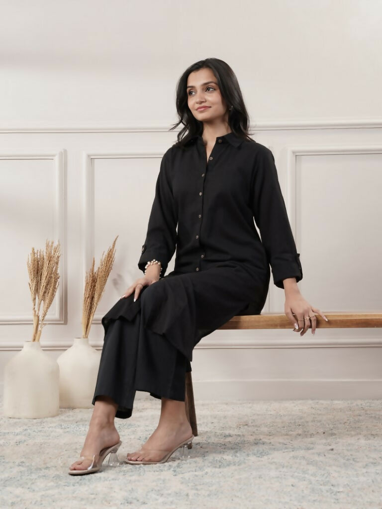 Women's Black Cotton Midi Dress With Button Detail