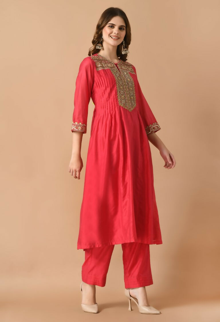 Red Chanderi Kurta Set with Organza Dupatta - 3 Piece Festive Wear