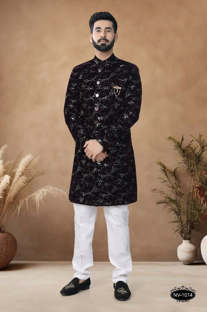 Men's wine-colored velvet Indo-Western kurta set with elegant thread and sequence embroidery.