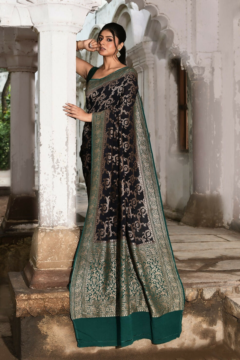 Navy Blue Crepe Chiffon Handloom Banarasi Silk Saree