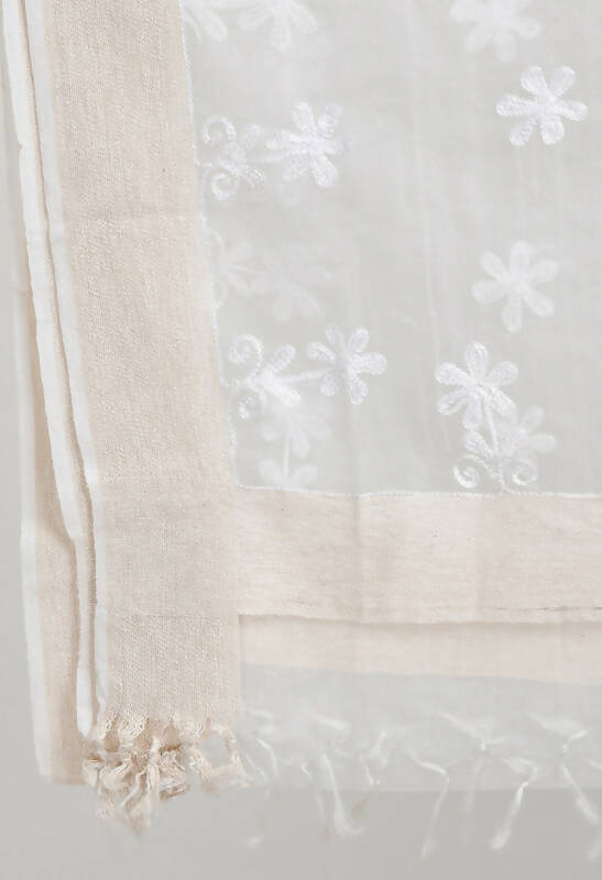 Women's White Organza Dupatta with All Over Chikan Embroidery