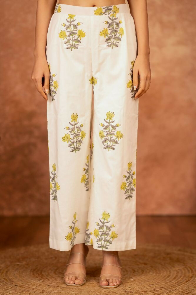 Off White and Yellow Hand Block Printed Cotton Suit Set