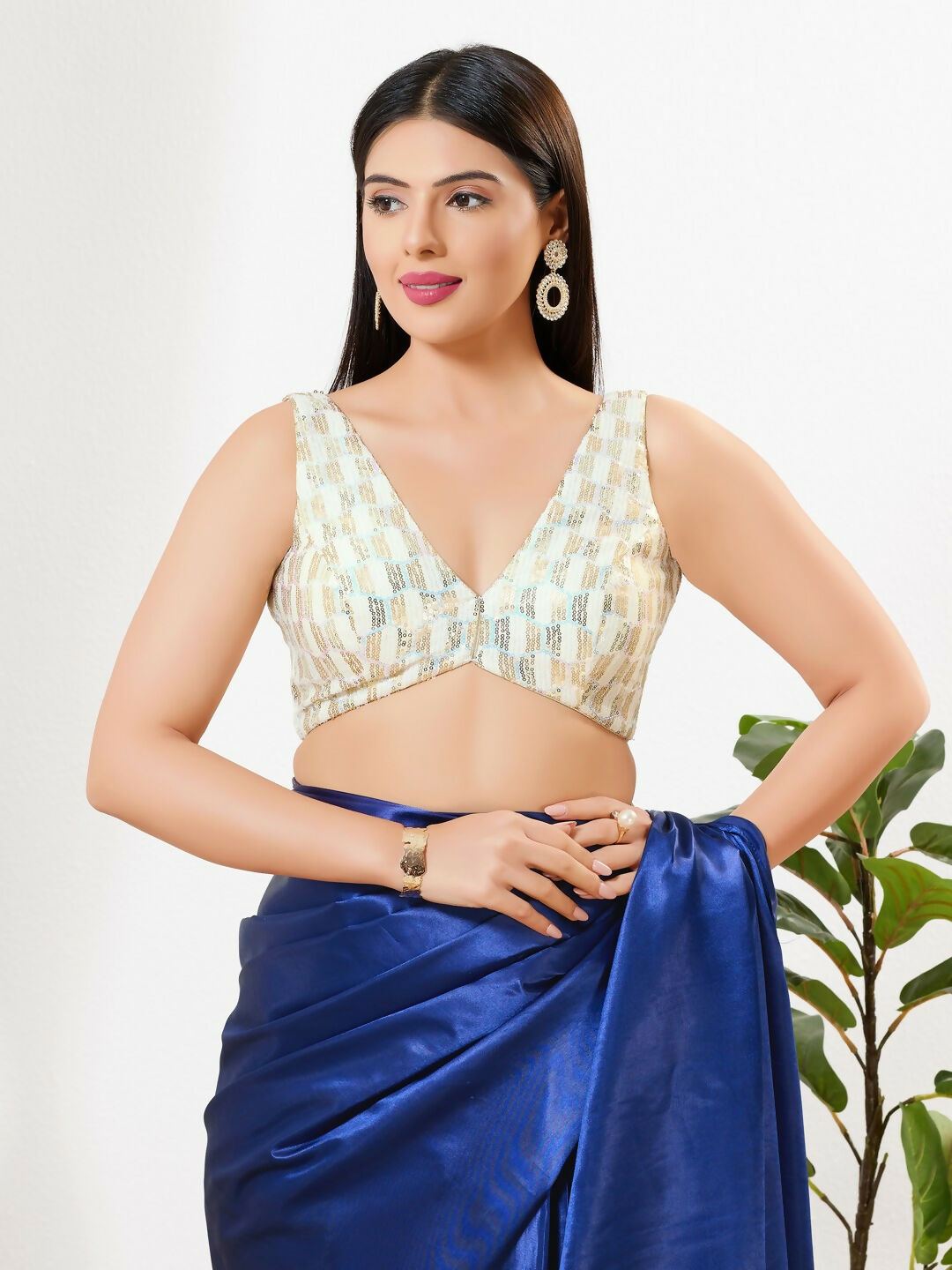 Front view of a Gold Sequin Padded Sleeveless Blouse with V-neck