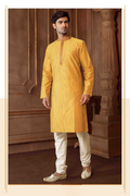 Men's mustard striped Art Silk blend kurta with matching white cotton pyjama