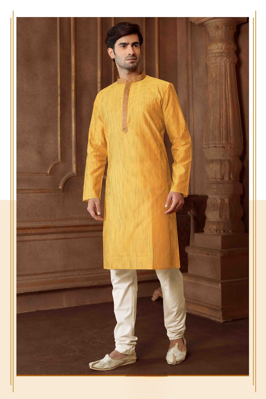 Men's mustard striped Art Silk blend kurta with matching white cotton pyjama