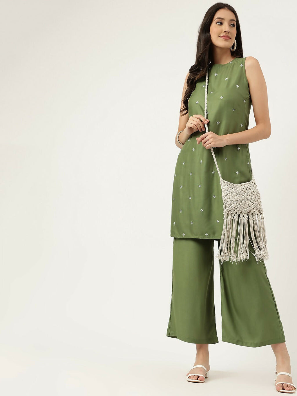 Green Rayon Straight Kurta and Bottom Set with Embroidered Detail