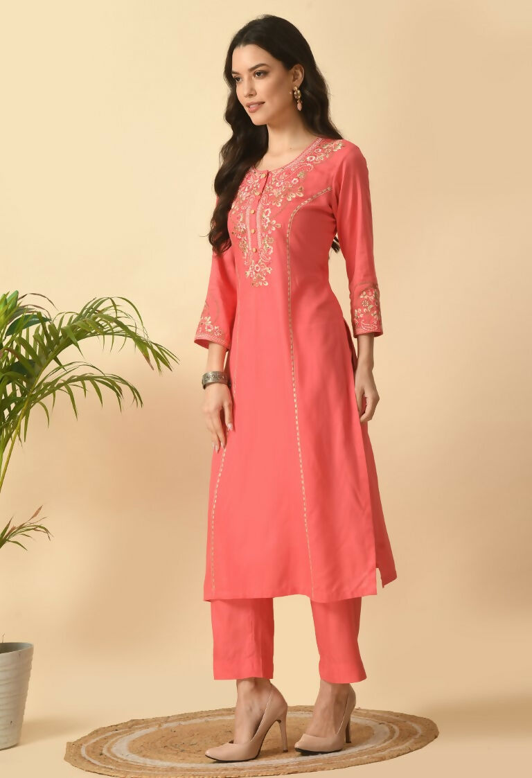Coral Cotton Rayon Kurta Set - Two-Piece Ethnic Ensemble
