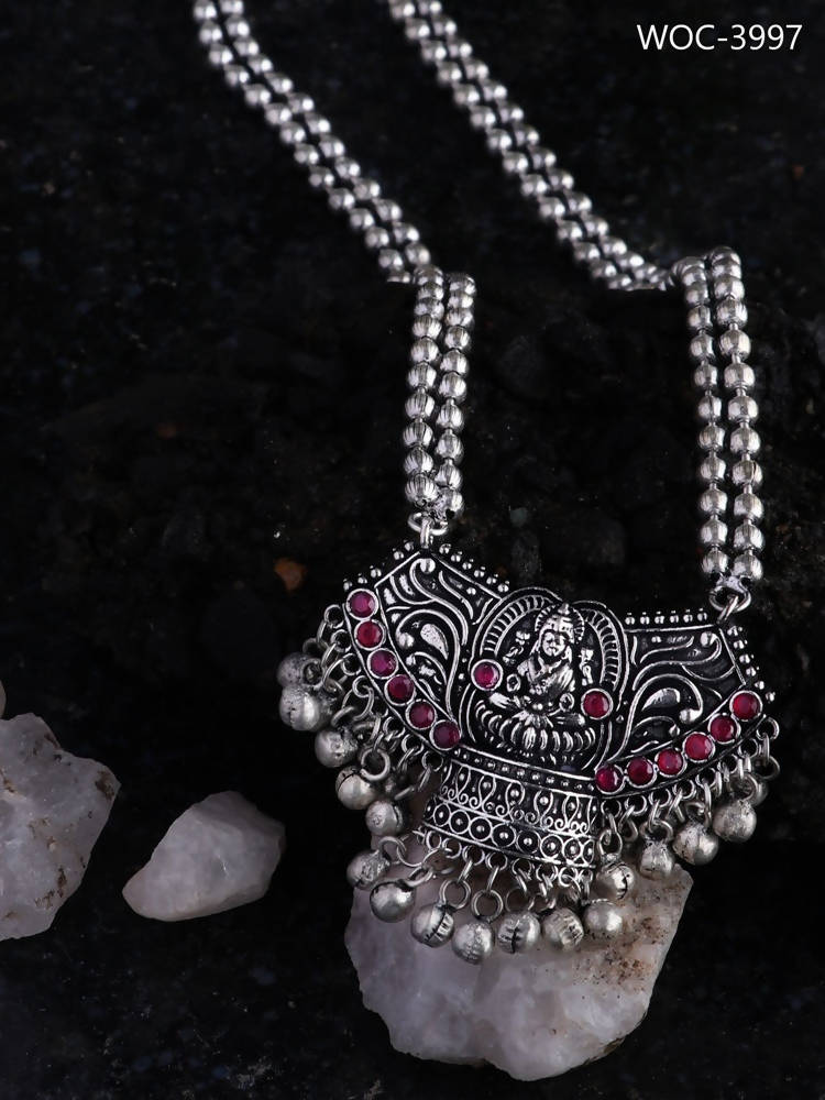 Laxmi Mata Oxidised Silver Long Statement Necklace with Red Accents