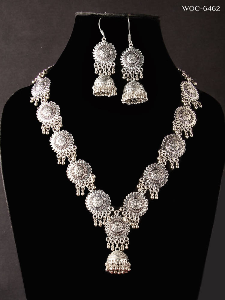 Johar Kamal Oxidised Silver Long Necklace Set for Traditional Wear