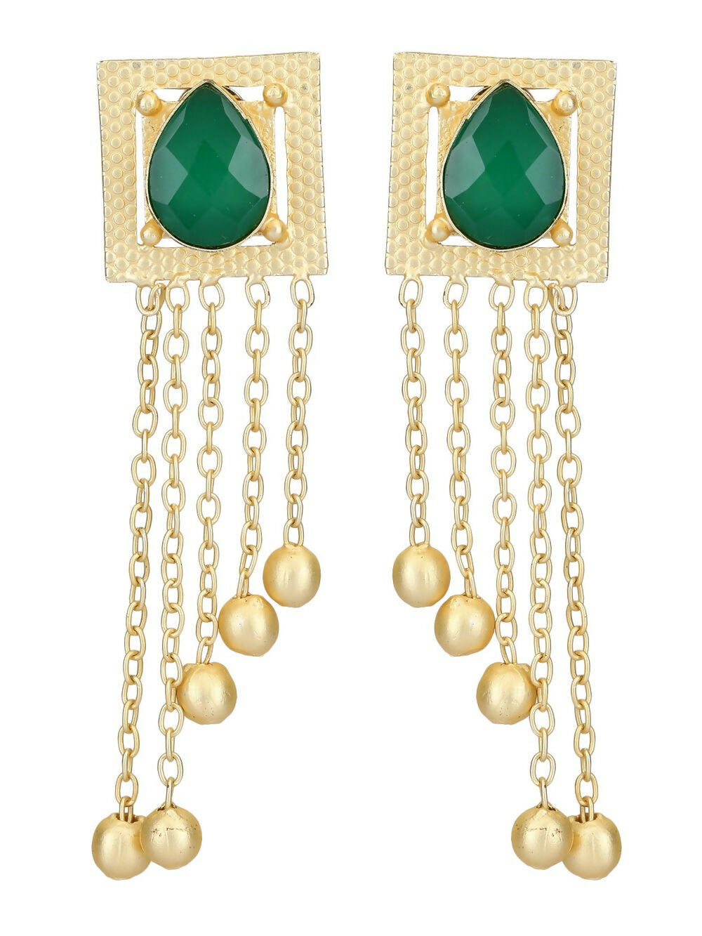 Green Stone Golden Beads Matte Gold Brass Earrings