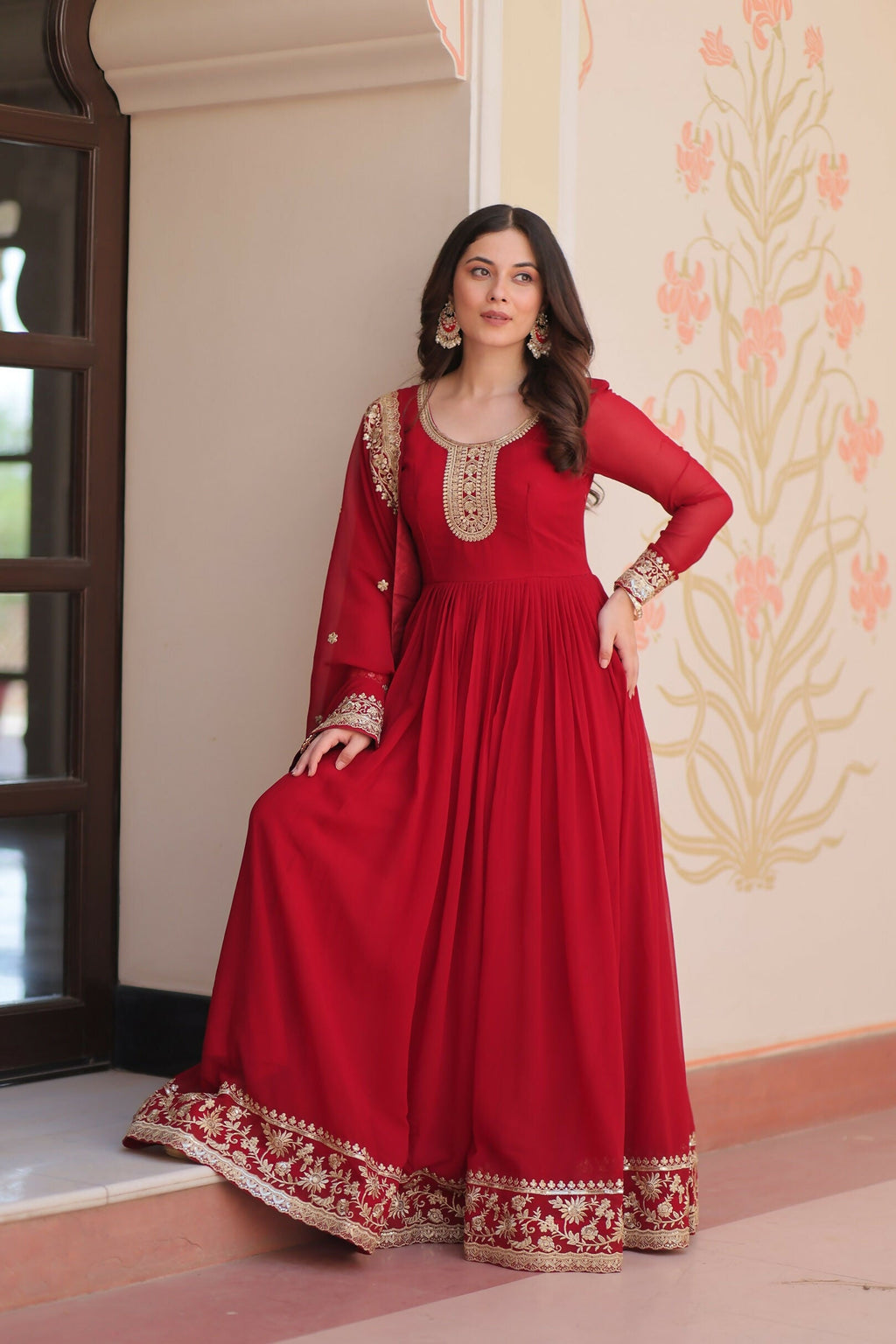 Maroon Georgette Kurta Set with Intricate Sequence Embroidery