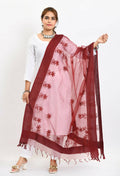 Maroon organza dupatta with all-over floral chikan embroidery for women