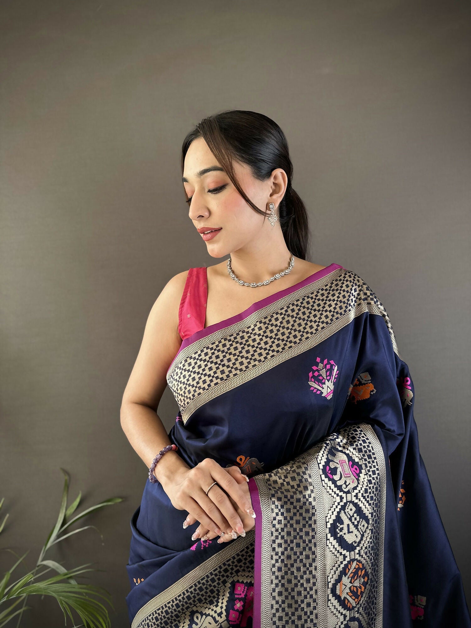 Navy Blue Elephant & Floral Motif Soft Lichi Silk Banarasi Saree