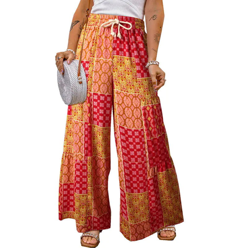 Women's Paisley Print Color Block Wide Leg Drawstring Pants - Image 3