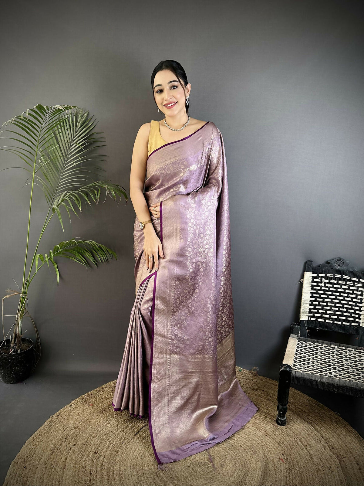 Lavender Banarasi Saree with floral and paisley motifs