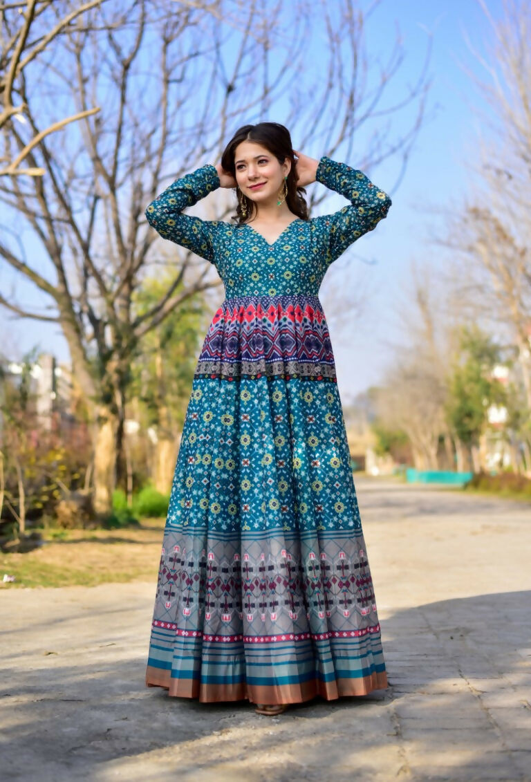 Women's Blue Geometric Print Cotton Silk Anarkali Dress
