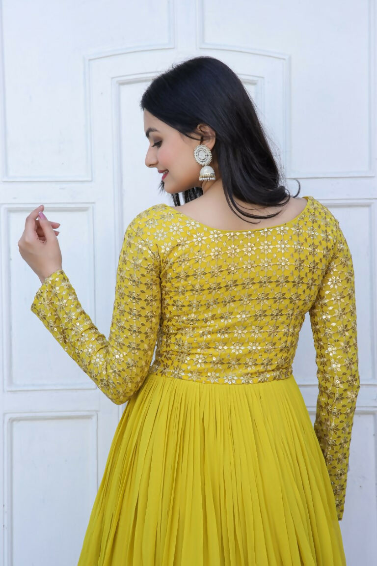 Yellow Sequins Zari Embroidered Faux Blooming Anarkali Dress
