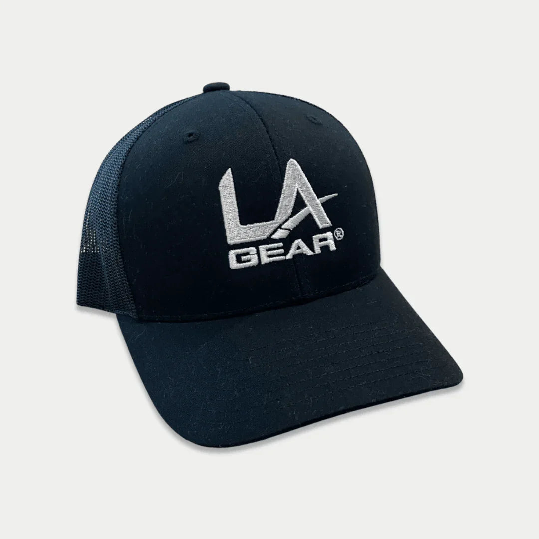 Front view of black classic trucker hat with embroidered LA Gear logo and mesh back panels.