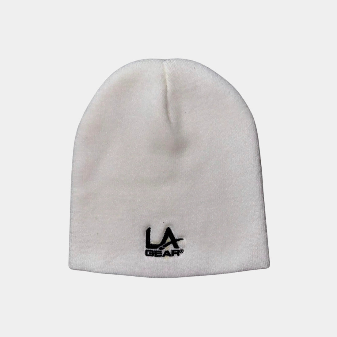 LA Gear off-white knit beanie with black embroidered logo detail