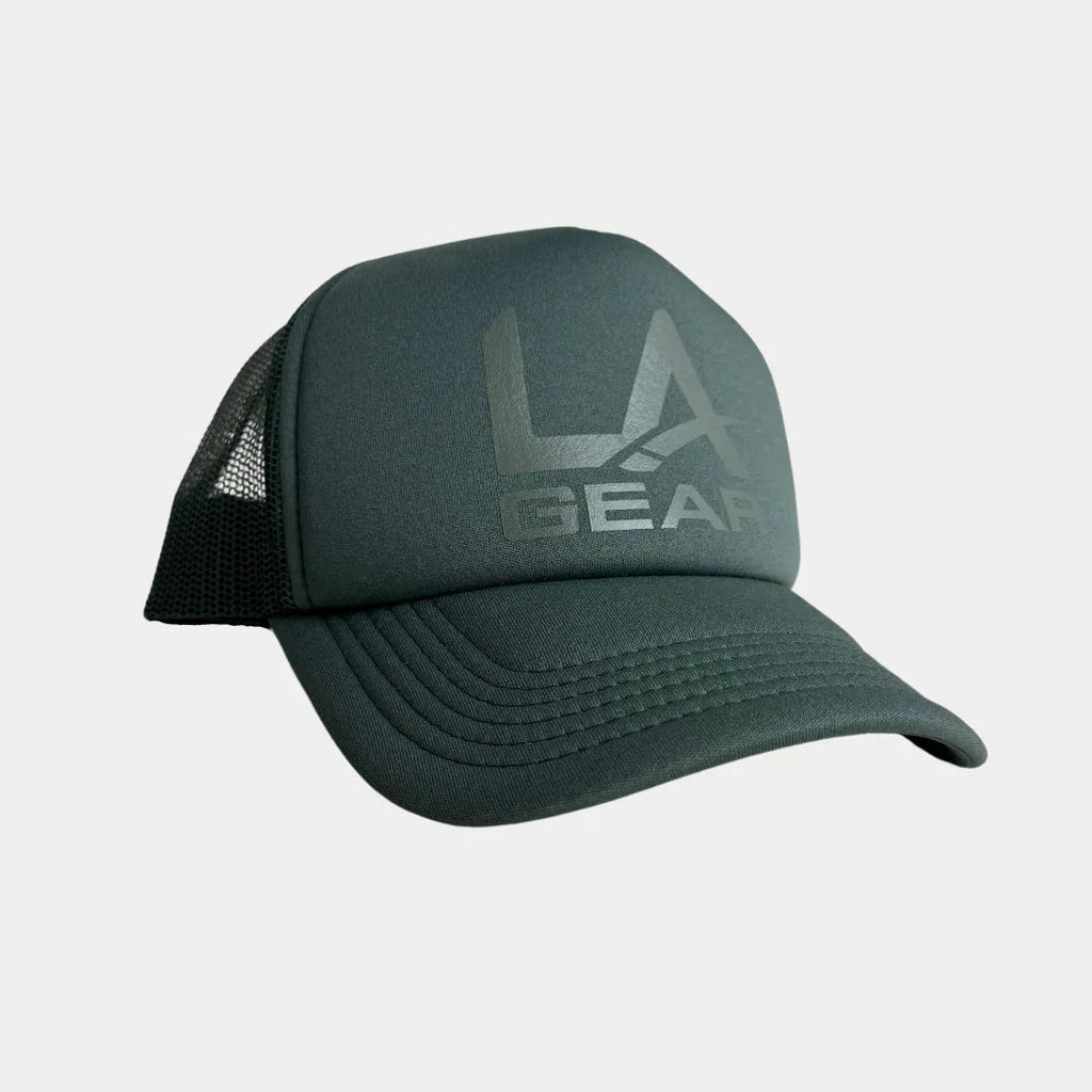 Sage foam trucker hat with vintage LA Gear logo and mesh back paneling