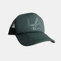 Sage foam trucker hat with vintage LA Gear logo and mesh back paneling