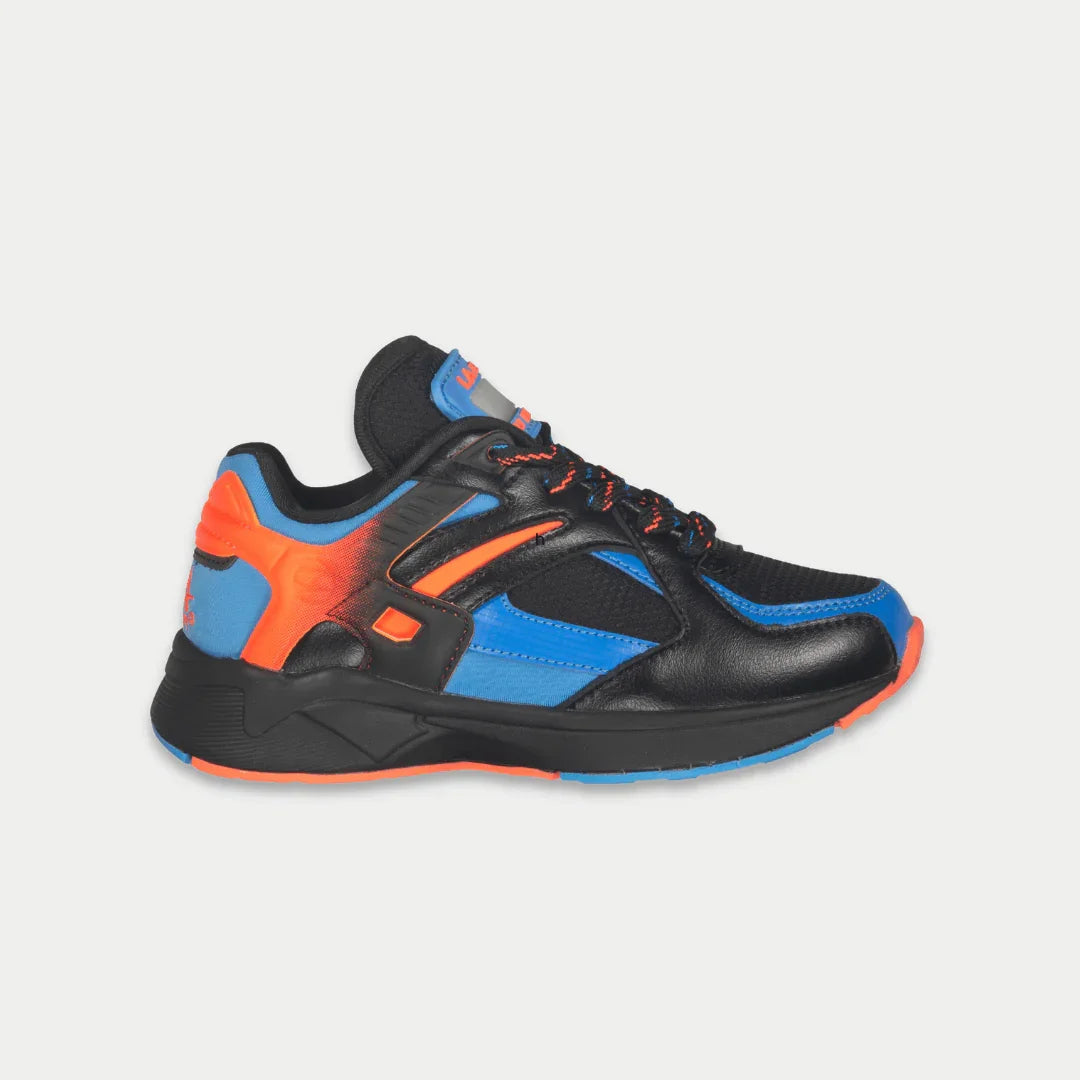 Kids Catapult Light-Up Lowtop sneakers in black and blue with motion-activated light-up tongue
