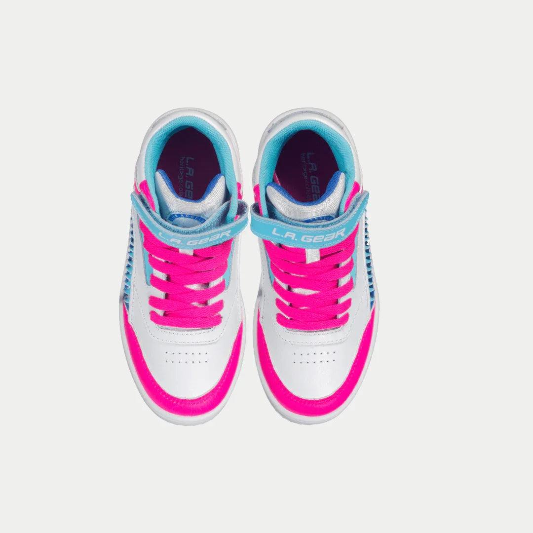 Kids Flame Hightop Sneakers in White Pink and Blue