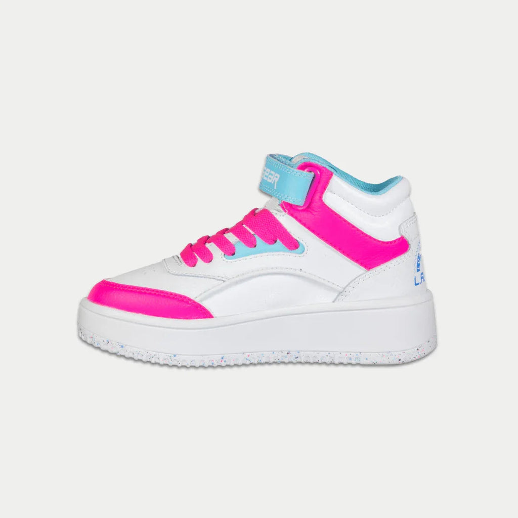 Kids Flame Hightop Sneakers in White Pink and Blue