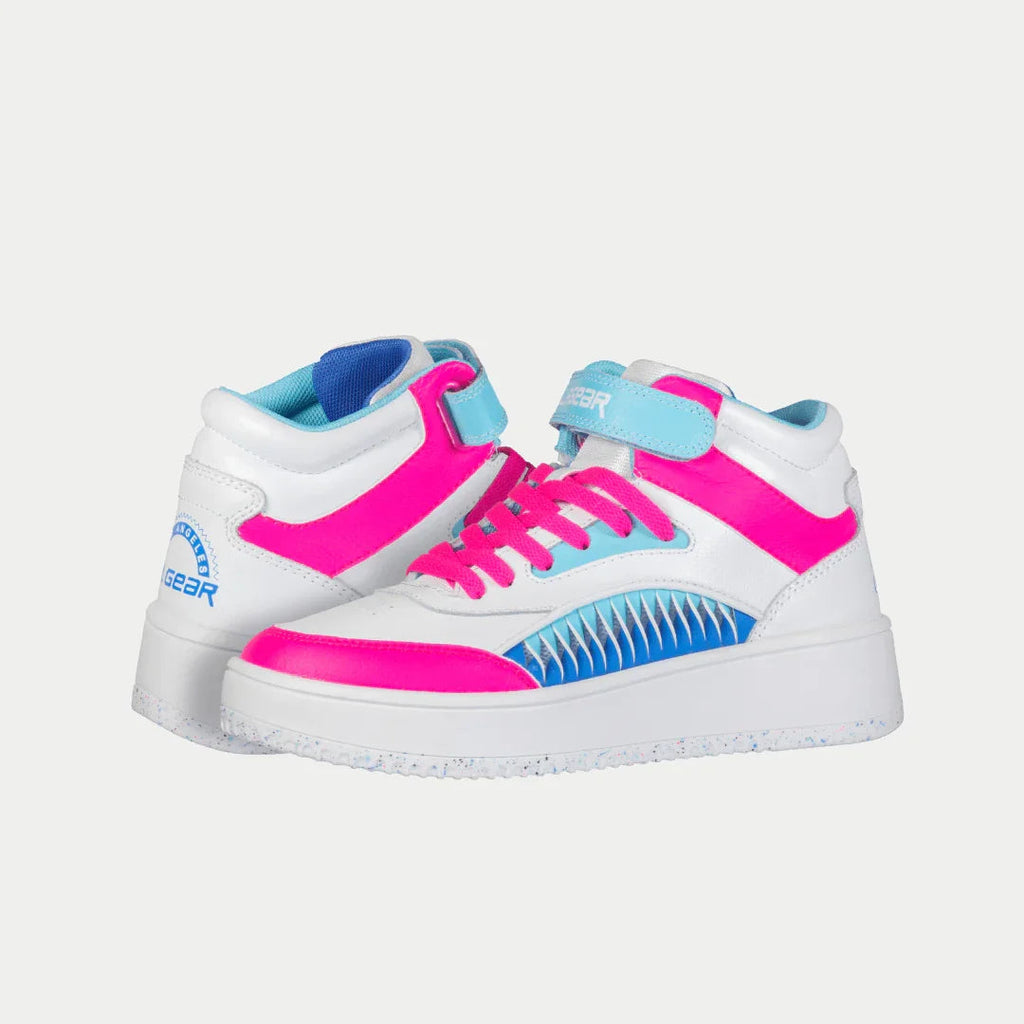 Kids Flame Hightop Sneakers in White Pink and Blue