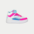 Kids Flame Hightop sneakers in white, pink, and blue colorway
