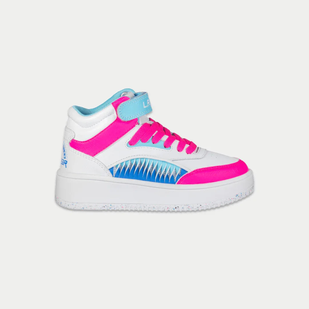 Kids Flame Hightop sneakers in white, pink, and blue colorway